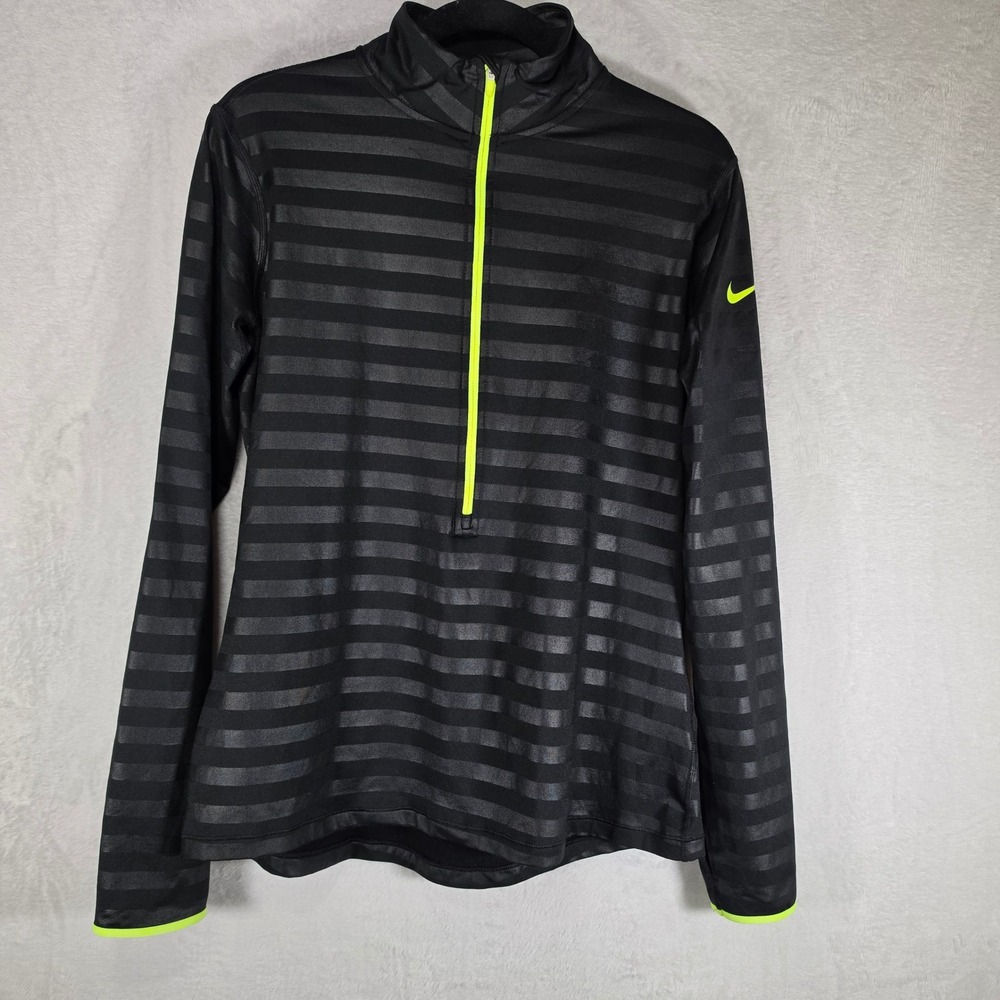 Nike Pro Dri-FIT Hyperwarm Womens XL 1/2 Zip Pullover Black Striped Lime Accents
